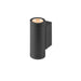 Black aluminum wall-mounted cylinder light fixture.