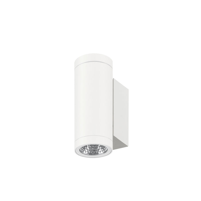 White cylinder wall-mounted light fixture, likely metal with a matte finish.