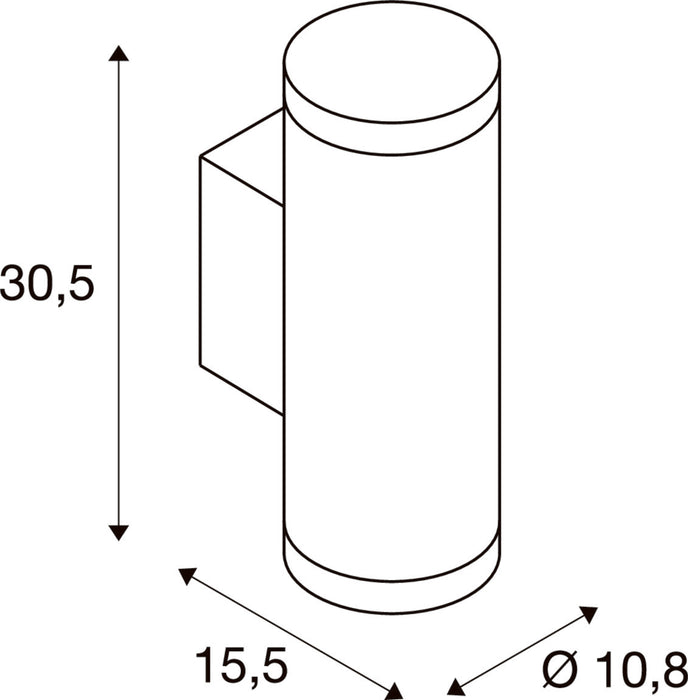 Technical drawing of a cylindrical wall-mounted light fixture with dimensions.