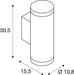 Technical drawing of a cylindrical wall-mounted light fixture with dimensions.