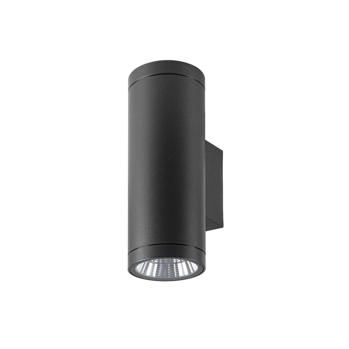Black aluminum wall-mounted cylinder light fixture with a matte finish.