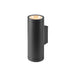 Black cylindrical wall-mounted light fixture, likely metal with a matte finish.