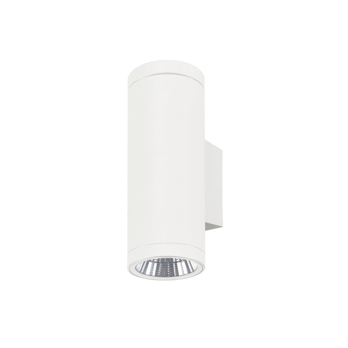 White cylindrical metal wall-mounted up/down light fixture.