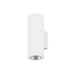 White cylindrical metal wall-mounted up/down light fixture.