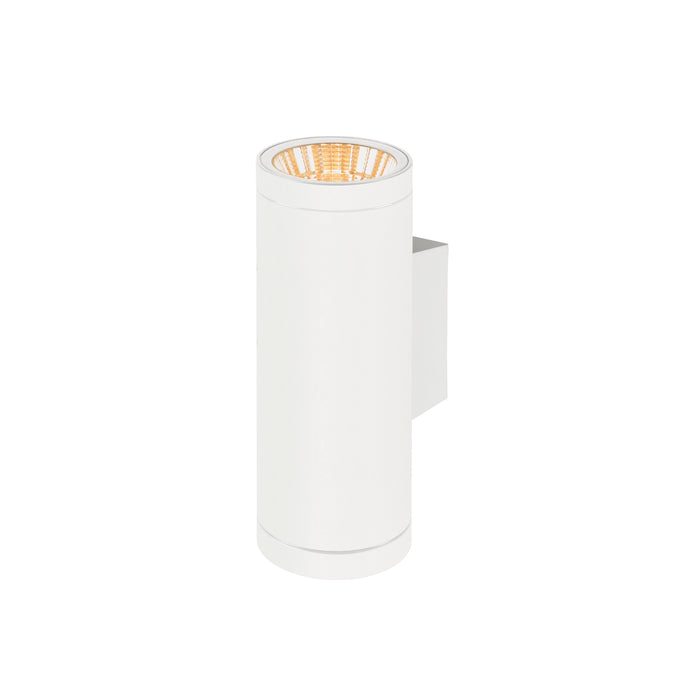 White aluminum wall-mounted cylinder light fixture.