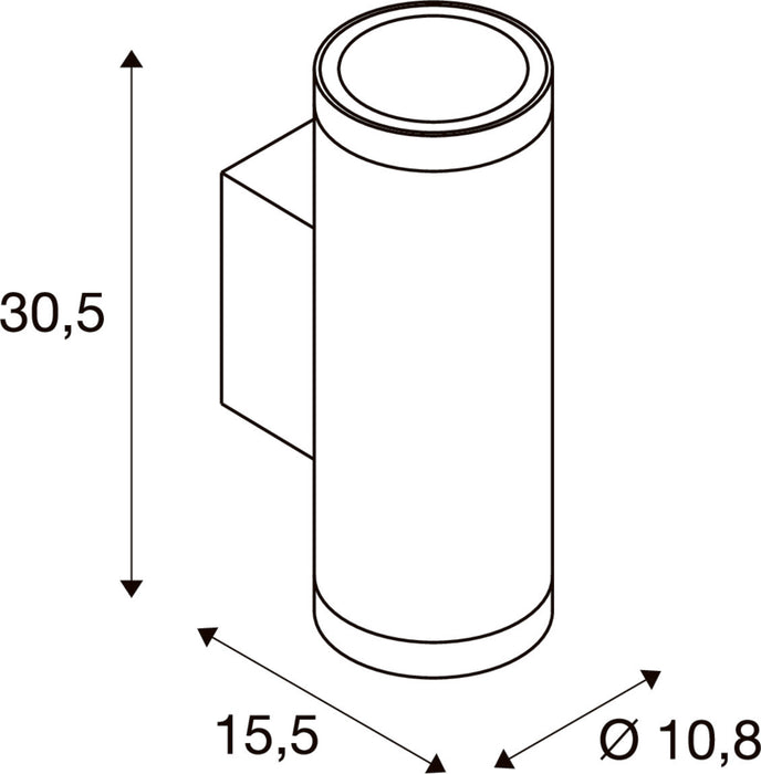 Technical drawing of a cylindrical wall-mounted light fixture with dimensions.