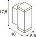 Technical drawing of a white, rectangular prism with dimensions.