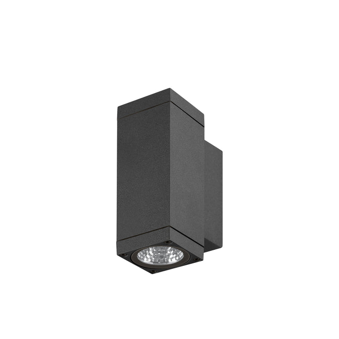Textured black metal wall-mounted cube light fixture.