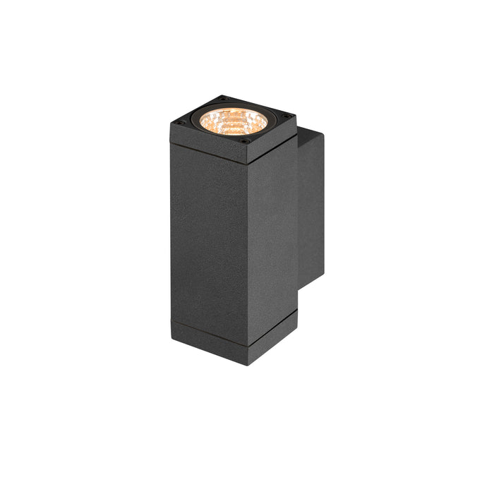 Black aluminum wall-mounted up/down light fixture with textured finish.
