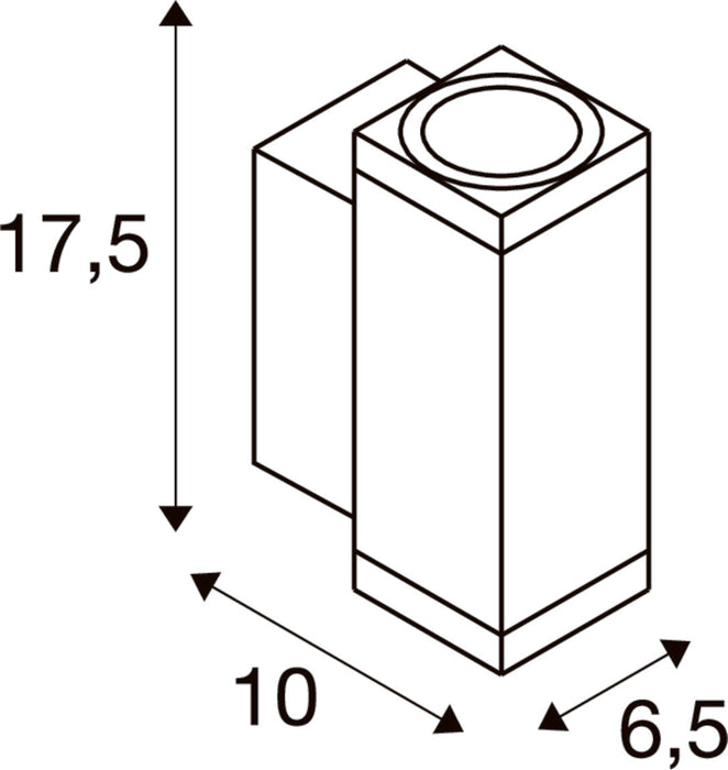 Technical drawing of a white surface-mounted spotlight with dimensions.