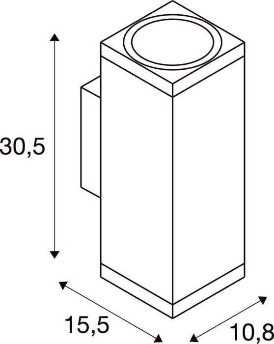 Technical drawing of a wall-mounted light fixture with dimensions.