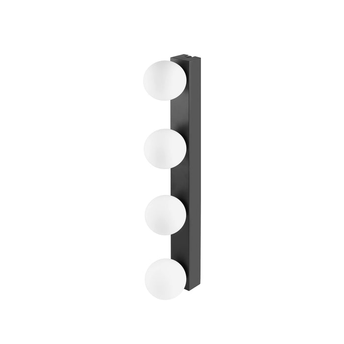 Modern wall sconce with four white glass globes on a matte black metal mount.