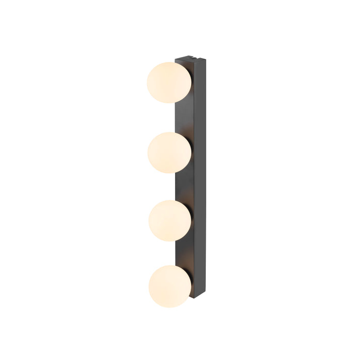 Modern wall sconce with four frosted glass globes on a matte black metal mount.