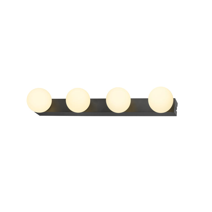Four-light vanity fixture, black finish, with round white glass globes, wall mounted.