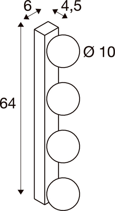 Technical drawing of a wall-mounted light fixture with four spherical bulbs, showing dimensions.