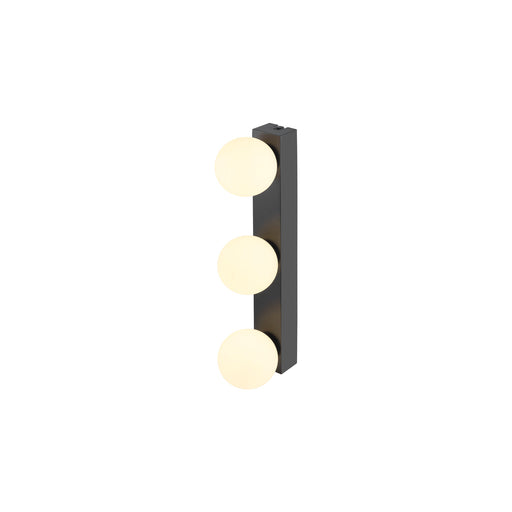 Modern wall-mounted light fixture with three round opal glass shades on a matte black metal frame.