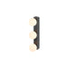 Black metal wall sconce with three round opal glass shades.
