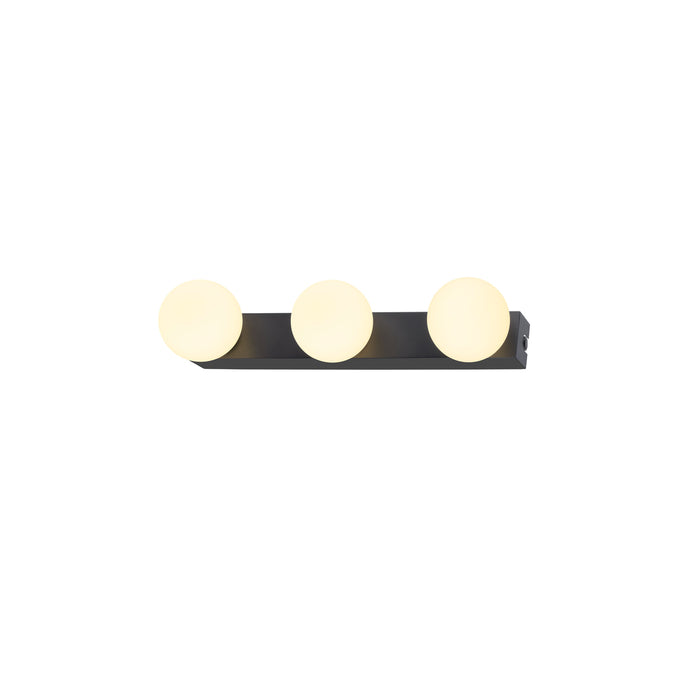 Modern vanity light with three round bulbs, matte black finish, wall mounted.