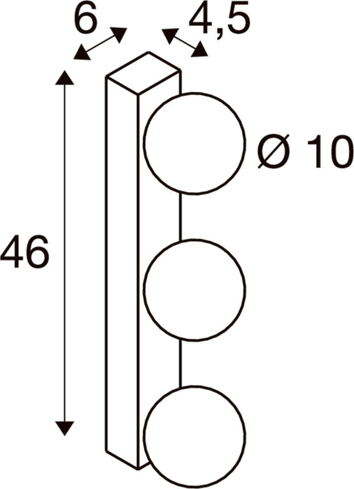 Technical drawing of a wall-mounted light fixture with three round shades, showing dimensions.