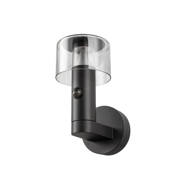Black metal wall-mounted light fixture with clear glass shade and motion sensor.