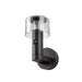 Black metal wall-mounted light fixture with clear glass shade and motion sensor.