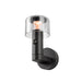 Black metal wall sconce with clear glass shade and motion sensor.
