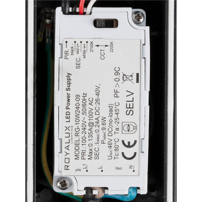 ROYALUX RG-10W240-09 LED power supply, white plastic housing, mounted inside black fixture.