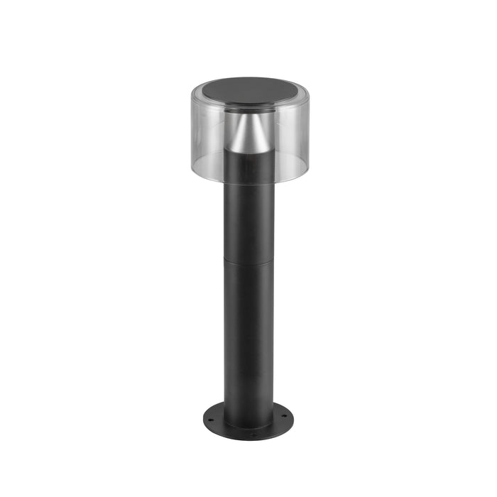 Black metal bollard light with clear plastic shade, surface mounted.