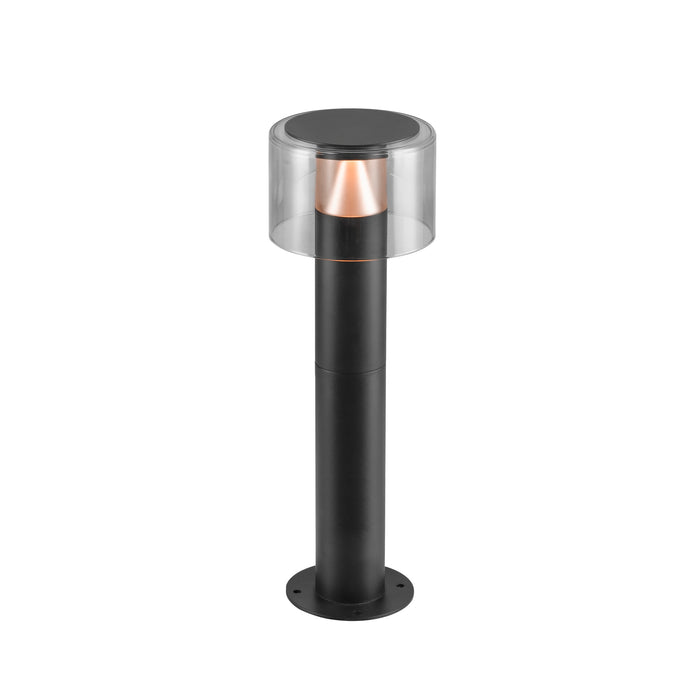 Black metal bollard light with clear acrylic shade, surface mounted.