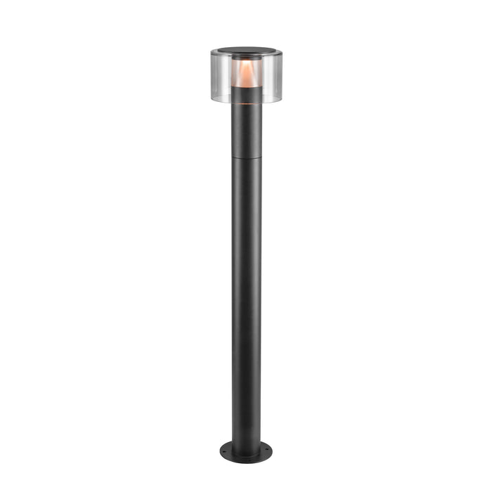 Black metal bollard light with clear glass shade, surface mounted.