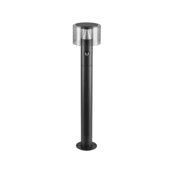 Black metal bollard light with clear acrylic shade, surface mounted.