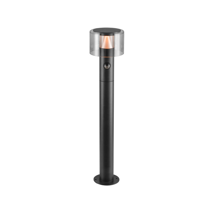 Black metal bollard light with clear shade, surface mounted.