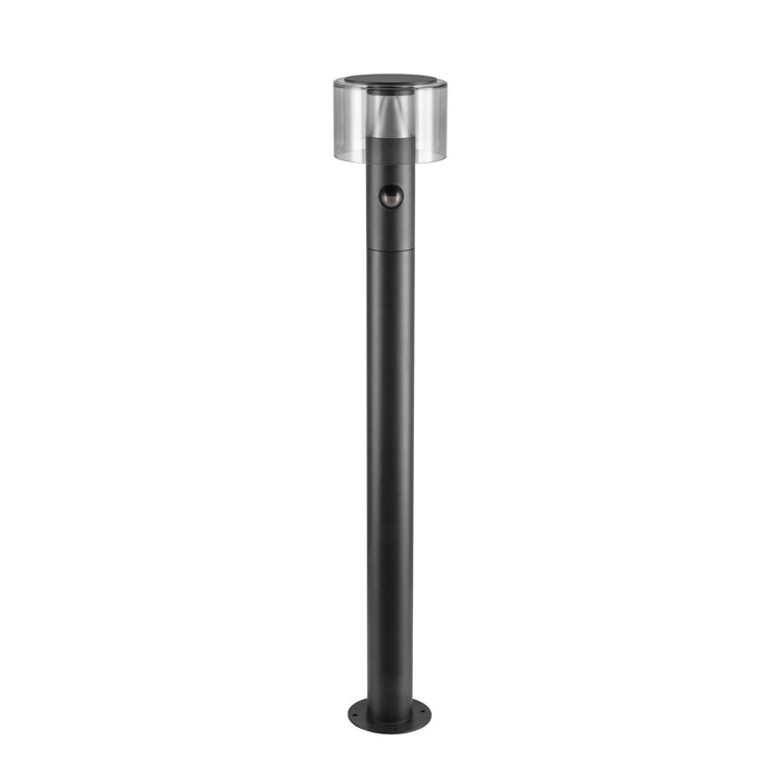 Black metal bollard light with clear acrylic shade, surface mounted.
