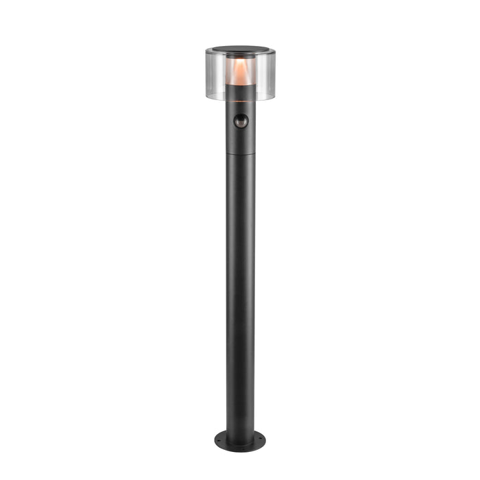 Black metal bollard light with clear shade, surface mounted.