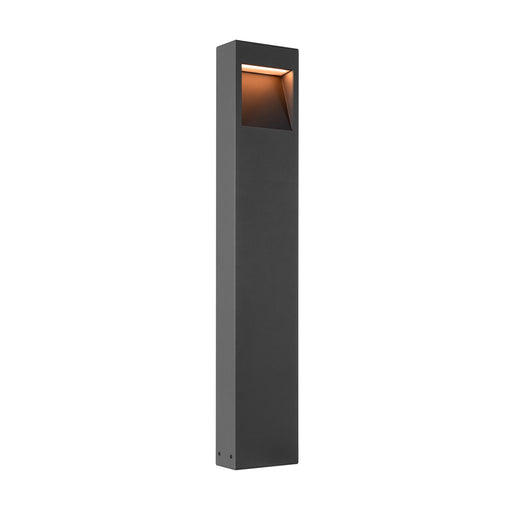 Dark gray, textured finish, aluminum bollard light fixture.