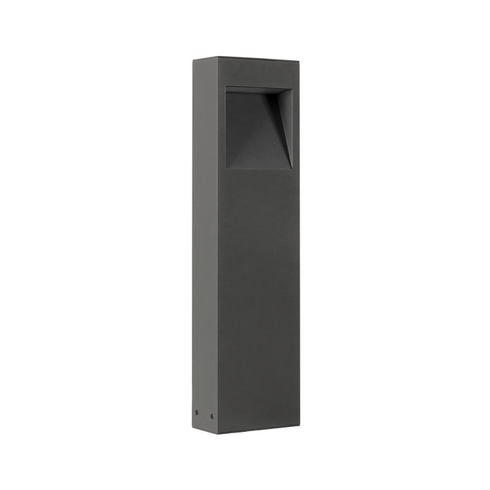Gray aluminum outdoor bollard light fixture with a textured finish and ground mounting.