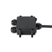Black plastic junction box with cable glands, surface mounted.