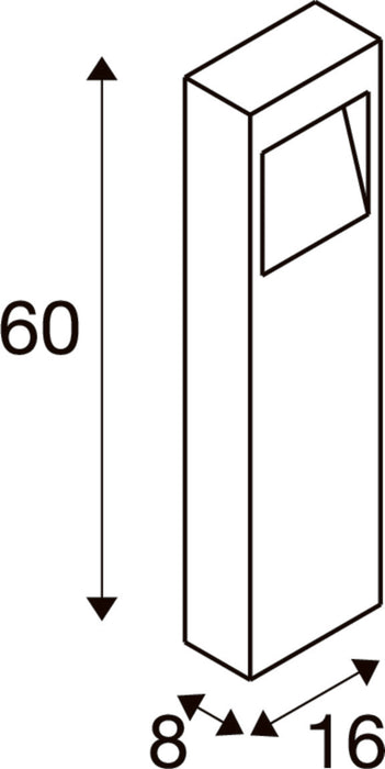 Technical drawing of a rectangular bollard light fixture with dimensions.