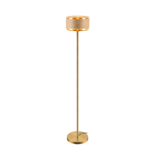 Gold floor lamp with rope shade and glass accents.