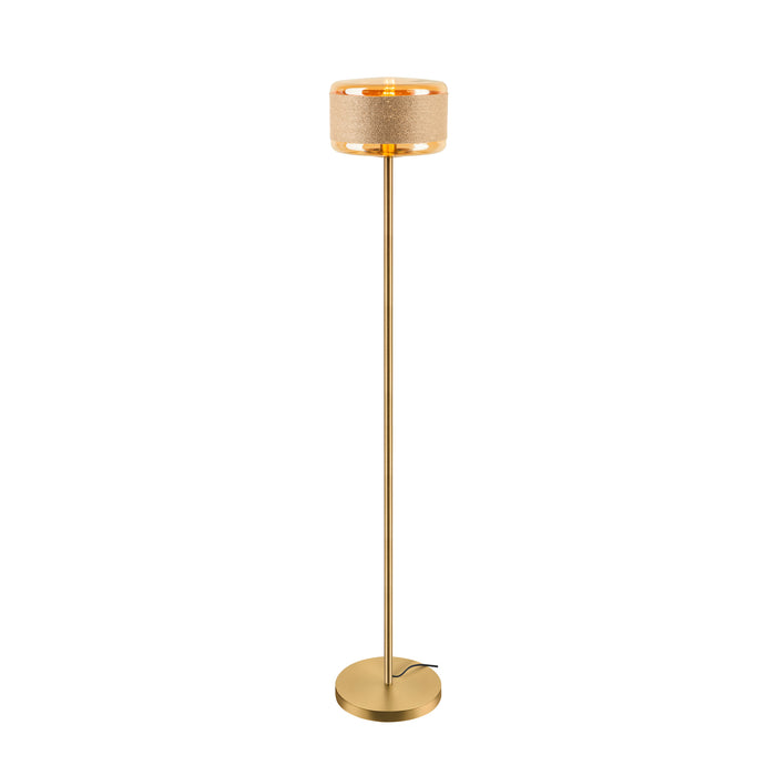 Gold floor lamp with rope shade and glass accents.