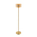 Gold floor lamp with rope shade and glass accents.