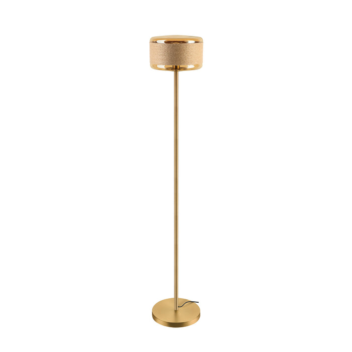 Gold floor lamp with rope-wrapped shade.