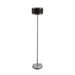 Floor lamp with black woven shade and brushed silver metal base.