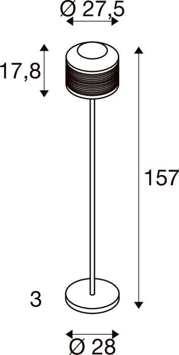 Technical drawing of a floor lamp with dimensions.