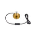 Metal lamp socket with a gold finish, black fabric cord, and inline switch.