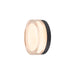 Round wall sconce with clear glass shade and black mounting.