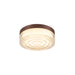 Flush mount ceiling light fixture with clear glass shade and bronze-colored metal trim.