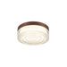 Glass flush mount ceiling light fixture with brown trim.