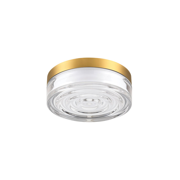 Clear glass flush mount ceiling light fixture with gold finish.