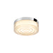 Flush mount ceiling light fixture with clear glass shade, concentric circle pattern, and polished chrome trim.